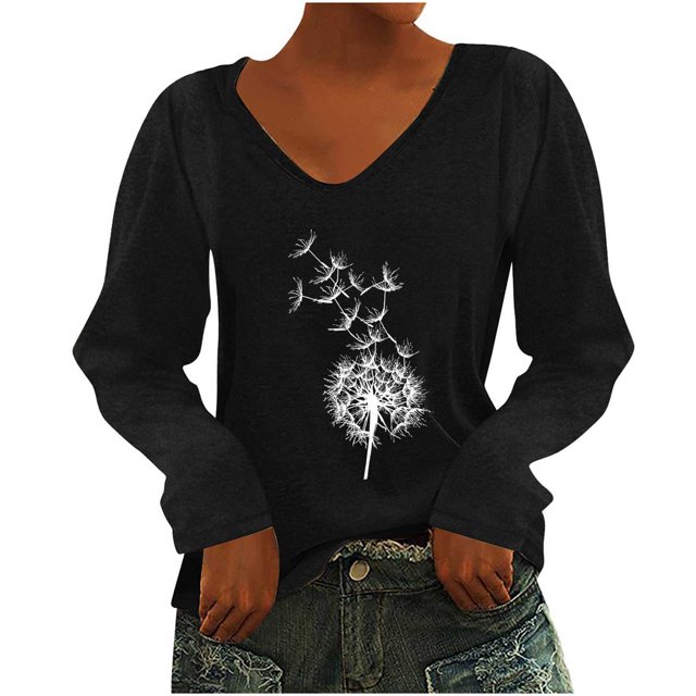 Yuyuzo Womens Basic Fall Tops V Neck Long Sleeve Dandelion Pattern Comfy Tunic Top Tees Pullover Blouse