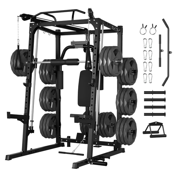 Gaderth Cage Motorisée Smith Machine de 2000 Lb pour Gym à Domicile, Support Multi‐fonction pour Squats avec LAT Rabattable, Braguette de Poitrine, Croisement de Câbles, Crochets en J et Accessoires pour l'Entraînement de la Force Complète du Corps