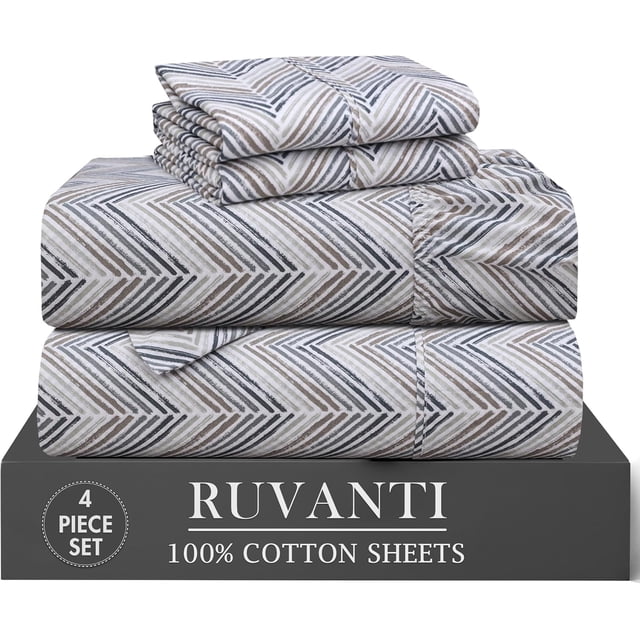 RUVANTI 4 Pcs Cotton Sheets - 100% Natural Cotton Soft, Lightweight & Breathable Crispy Percale Bed Sheets, Twin Sheets Set 16" Deep Pockets, Inverted Streak