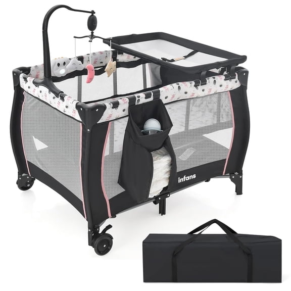 INFANS 3 en 1 Parc, Berceau de Voyage Portable pour Bébé avec Matelas Détachable, Table à Langer pour Nouveau-Né, Parc Pliable avec Sac de Transport et 2 Roues