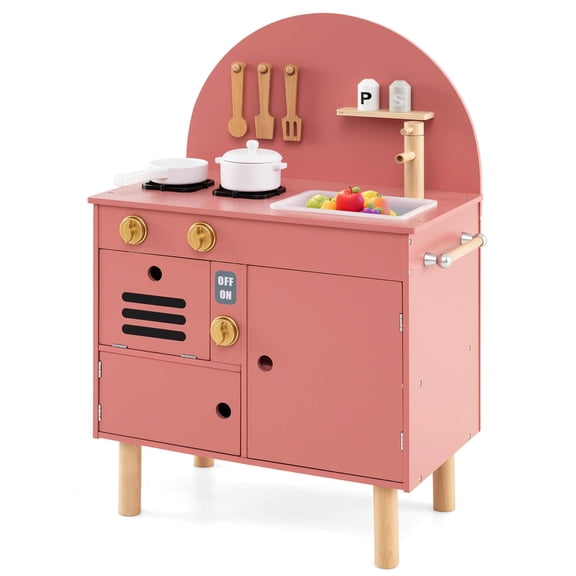 Costway Play Kitchen for Kids with Stoves Faucet Sink Microwave Oven Cooking Accessories Pink