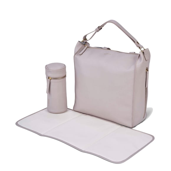 Bababing Sac à Langer - Sac à Dos Lucia - Gris Blush - Style Décontracté Luxueux - Portage: Épaule à Sac à Dos - Cuir Vegan - Deux Porte-Bouteilles Isothermes, Grand Tapis à Langer Nettoyable, Clips p