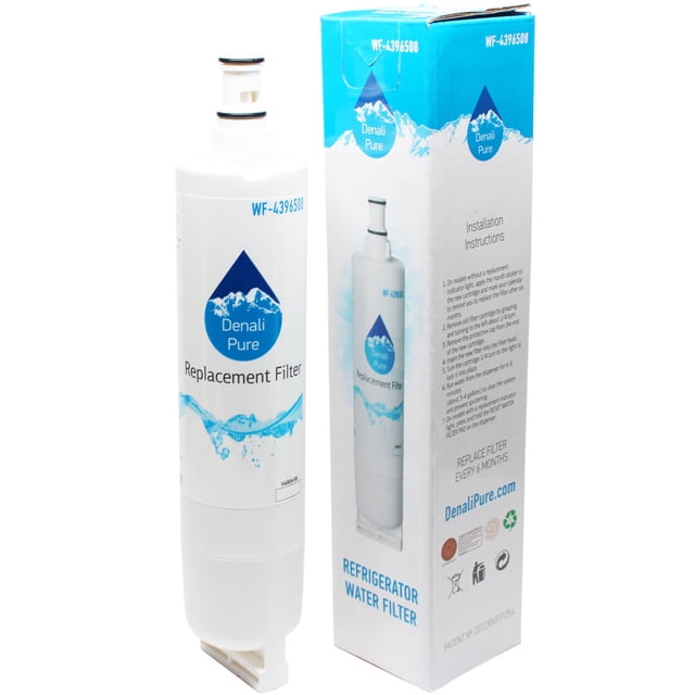 Replacement Whirlpool 4392857 refrigerator water filter by Denali Pure, shown with its packaging. The white filter features a blue water droplet logo and text indicating it is a replacement filter. The packaging includes installation instructions and branding, emphasizing compatibility with Whirlpool 4392857 fridge water filter cartridges.