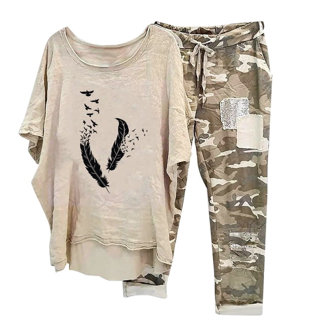 Mikilon Ensemble de Détente Confortable pour Femmes, Tenue d'Intérieur 2 Pcs, Ensemble de Détente Imprimé, Haut à Manches Mi-Longues à Col Rond + Pantalon, Kaki-C 3TG
