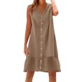thumbnail image 1 of Dvprdro Robe d'Été Imitation Coton Lin pour Femmes Mode Décontractée Ample Couleur Unie Col en V Sans Manches Boutonnée Ourlet à Volants Robe de Plage Soleil, 1 of 5