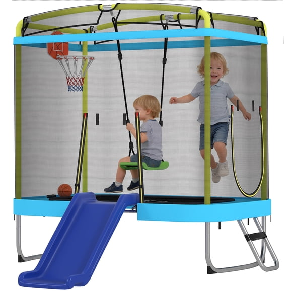 Qaba 70" x 47" Trampoline for Kids Indoor & Outdoor with Slide, Light Blue
