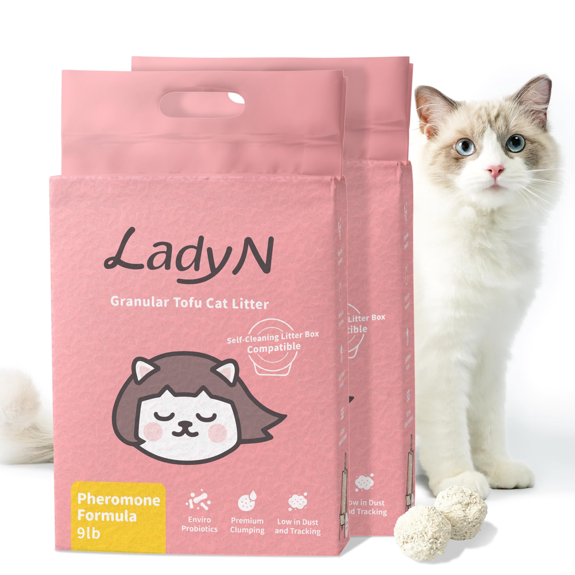 Lady N Cat Attract Tofu Litter - Natural Attractant Formula for Litter Box Training Calming Pheromone for Multi-Cat Homes Granular Mini-Pellet Shape for Self-Cleaning Box 18lb