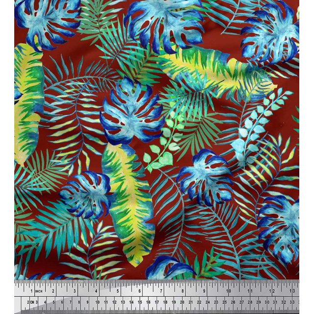 Soimoi Moss Georgette Fabric Leaves Tropical Print Sewing Fabric Yard 42 Inch Wide