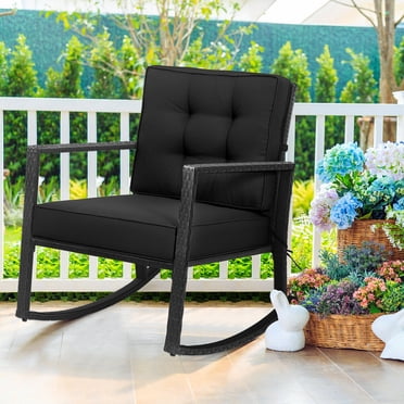 Gymax Fauteuil Berçant d'Extérieur en Osier pour Patio et Pelouse, Fauteuil Simple en Rotin à Bascule avec Coussin Noir
