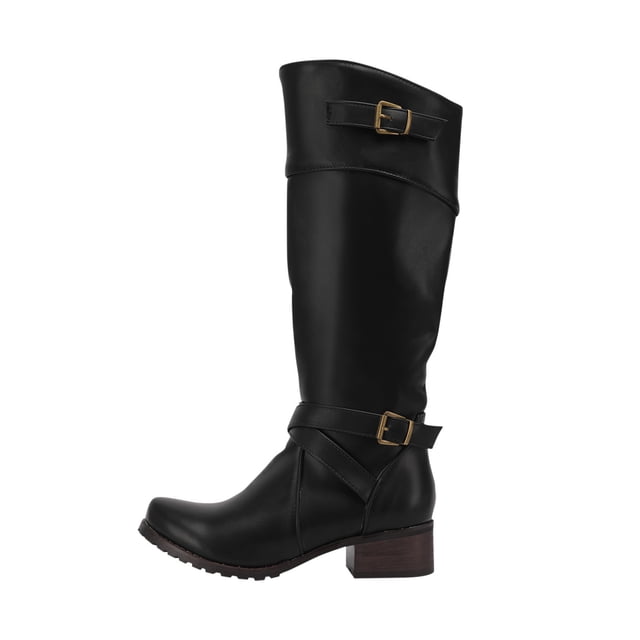 Womens Winter Boots With Belt Buckle Round Toe Low Heel Side Zipper Warm High Boots in black PU material with solid pattern. Features include a round toe, low heel, and decorative belt buckles at the ankle and calf. Designed for casual winter wear with a rubber sole for traction, suitable for snowshoeing and winter activities.