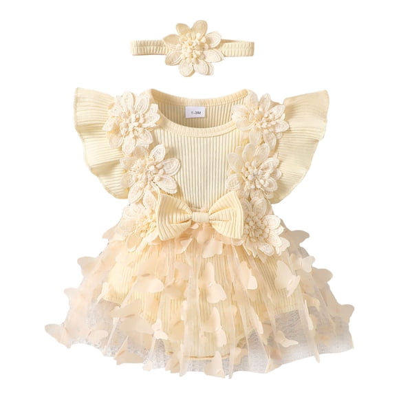 Yammkia Preemie Girl Clothes Baby Girl Clothes Sleeveless Lace Butterfly Romper Dress Newborn Outfit Beige,1-3 Months