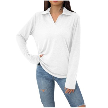 HKEJIAOI Women's Long Sleeve Tops Lapel V Neck Loose Fit Tshirts Casual Tunic Pullover Top with Pocket, White M