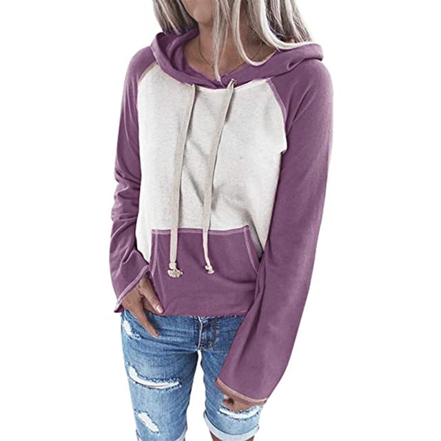 Chemisier pour Femme à Manches Longues, Manches Raglan à Coutures, Poches Contrastantes, Encolure à Capuche, Chandail Côtelé