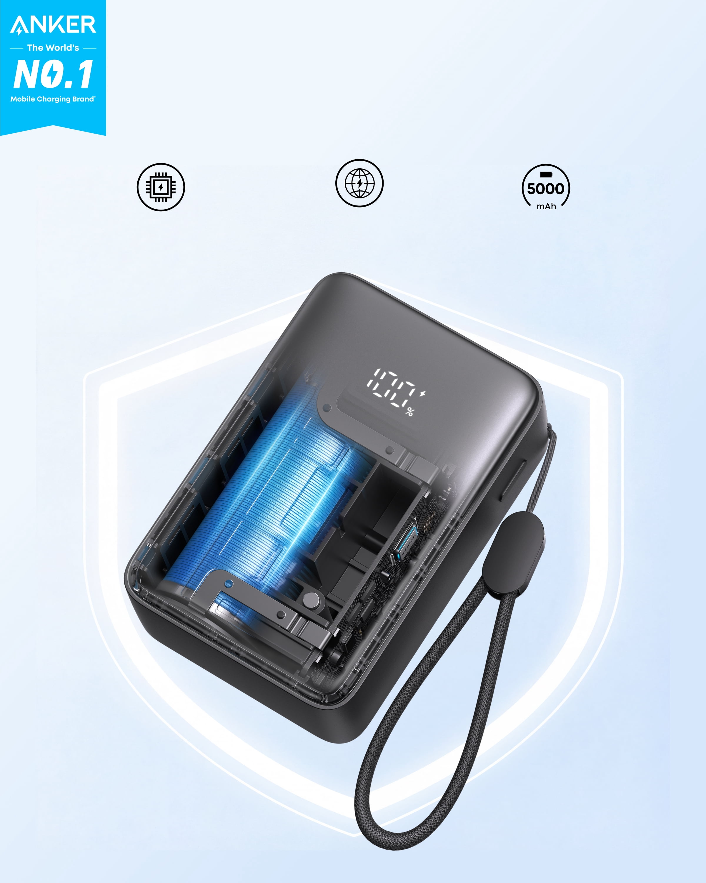 Anker ZOLO Batterie externe, 5,000 mAh, avec 1 port USB-C et 1 port USB-A pour une charge jusqu'à 15W