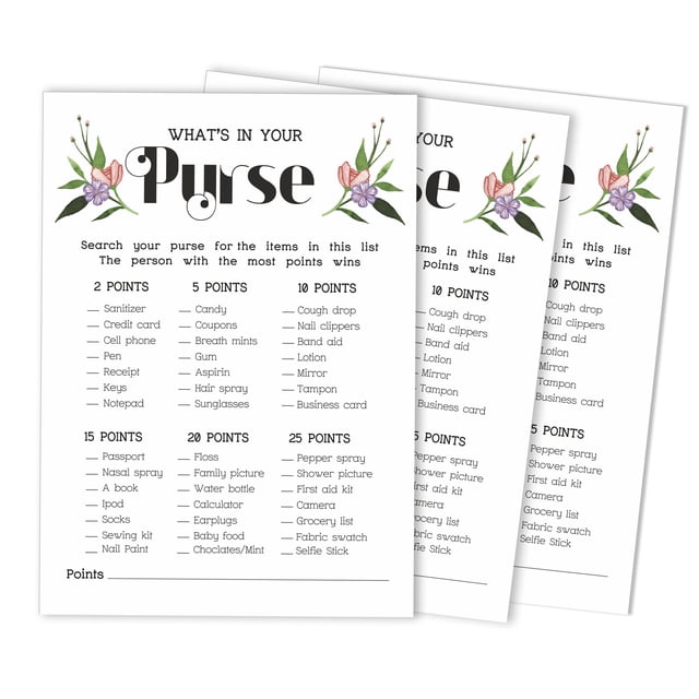 Inkdotpot 50-PackFloralWhats In Your Purse Bridal ShowerGameWedding Shower Bachelorette Party Bulk ActivityGameCards