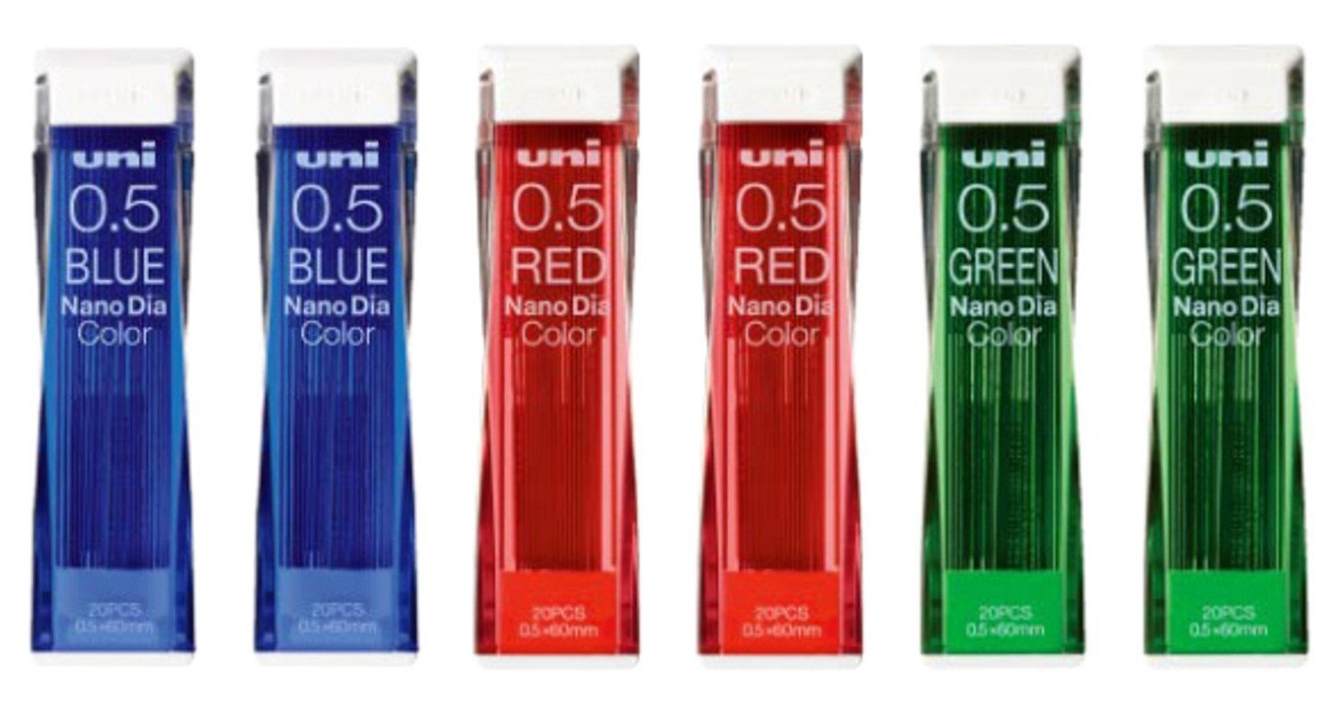 Uni NanoDia Color Mechanical Pencil Leads 0.5mm 3 Color Set, 6 Pack/total 120 Leads