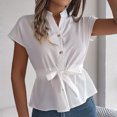 thumbnail image 2 of Yuyuzo Blouses for Women Dressy Casaul Cap Sleeve Button down Work Shirts Drawstring Waisted Ruffle Hem Business Office Top, 2 of 7
