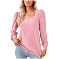 thumbnail image 1 of IROINNID T-shirt à Manches Longues en Polyester Réduit pour Femmes, Quotidien, Couleur Unie, Encolure Carrée, Plissé, T-shirt Ample, Haut, Pink, 1 of 4