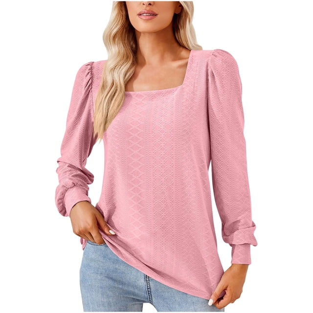 IROINNID T-shirt à Manches Longues en Polyester Réduit pour Femmes, Quotidien, Couleur Unie, Encolure Carrée, Plissé, T-shirt Ample, Haut, Pink