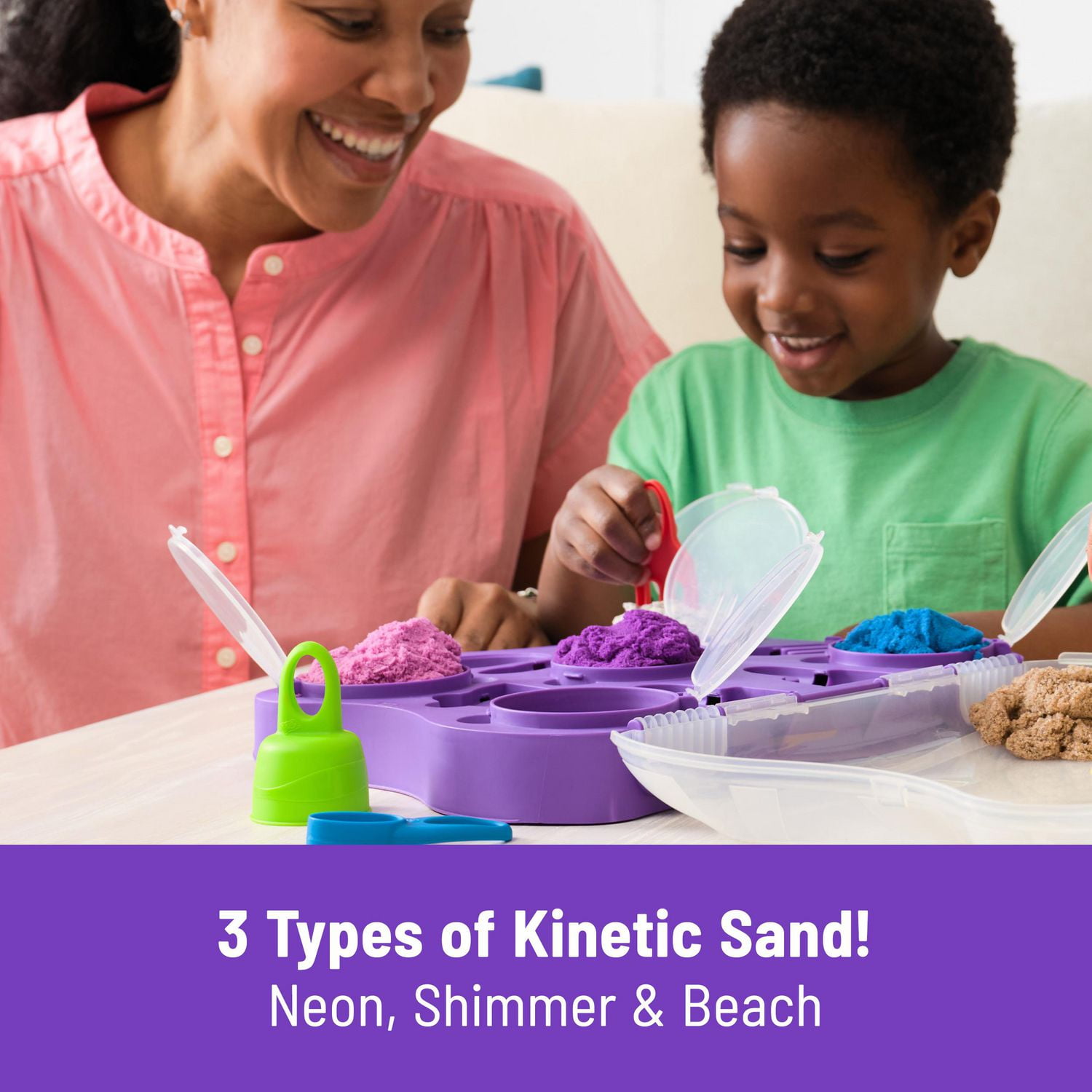 Kinetic Sand, Variety Case with Beach, Neon & Shimmer Play Sand (2lbs) & 5 Tools, Reusable Storage, Sensory Toys, Christmas Gifts for Kids Ages 3+