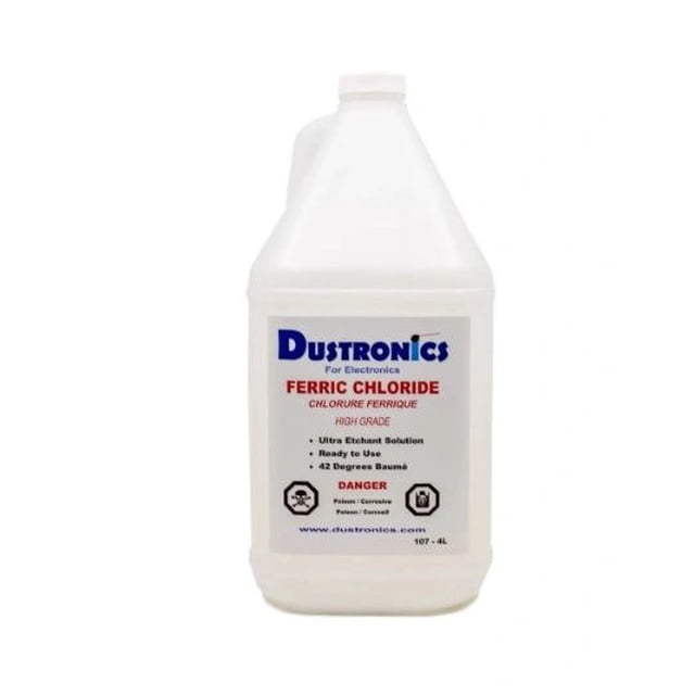 High Grade Ferric Chloride Liquid Solution in a 4L bottle by Dustronics. The label indicates it is a ready-to-use copper etchant solution with a concentration of 42 Degrees Baumé. The bottle is white with a handle and features safety warnings for industrial use.
