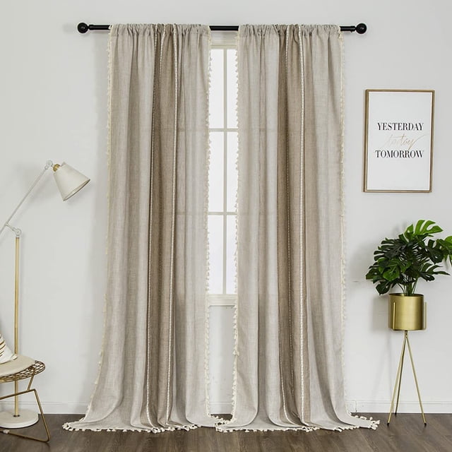 LUXUR Window Curtain Panel Drapes Treatments Boho Grid Curtains Rod Pocket Bohemian Long Light Filtering Linen Textured Home Decor 2#Coffee W:54"x H:63"/137cm*160cm