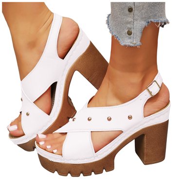 Women's Platform Wedge Sandals Fashion Studded Crooss Strap Chunky High Heels Sling Back Open Toe Party Wedding Shoes White Size 7.5