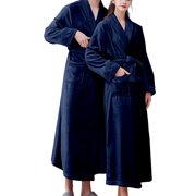 Breezora Women's Double Pocket Soft Flannel Robe Cozy Fleece Lined Long Bathrobe for Home Lounge and Relaxation L Size Navy