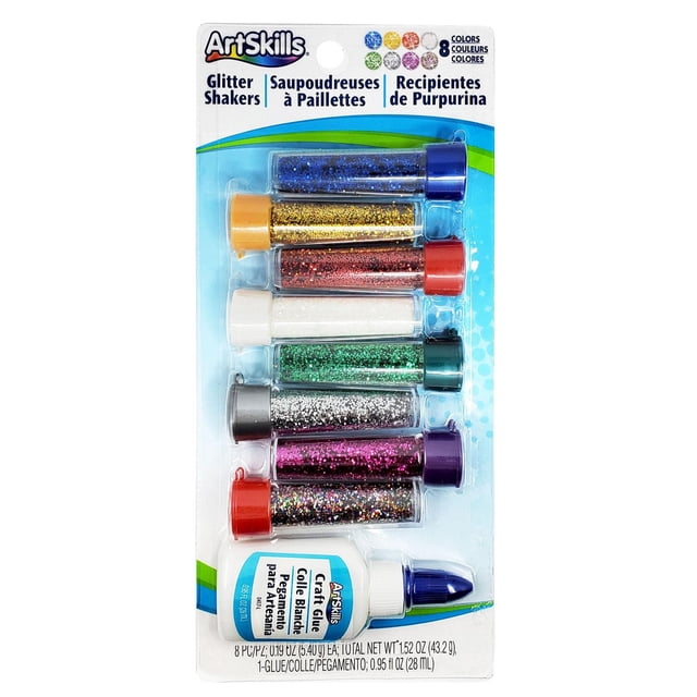 ArtSkills Ensemble de Shaker à Paillettes avec Huit tubes Transparents de Paillettes Multicolores Ultra-Fines en Bleu, Or, Rouge, Blanc, Vert, Argent, Rose et Couleurs Assorties, Chacun avec Capuchons Assortis, plus une Petite Bouteille de Colle Artisanale ArtSkills, Convient aux Projets de scrapbooking et de Bricolage sur Papier.