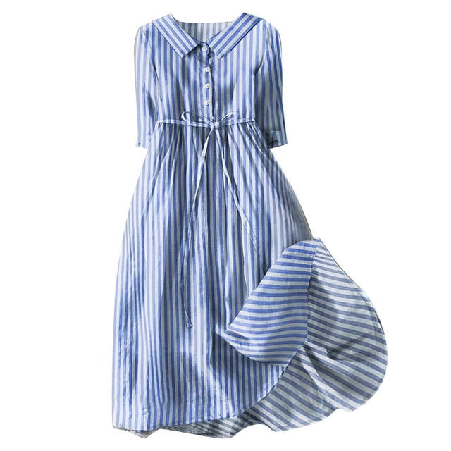Pisexur Robes d'Été pour Femmes Mode Bohème à Imprimé Floral Robe Maxi Tunique Décontractée Taille Élastique Robe Soleil Col Rabattu Boutonnée Longue Robe Manches 3/4 Col en V Fluide Coton Lin Robe de Plage