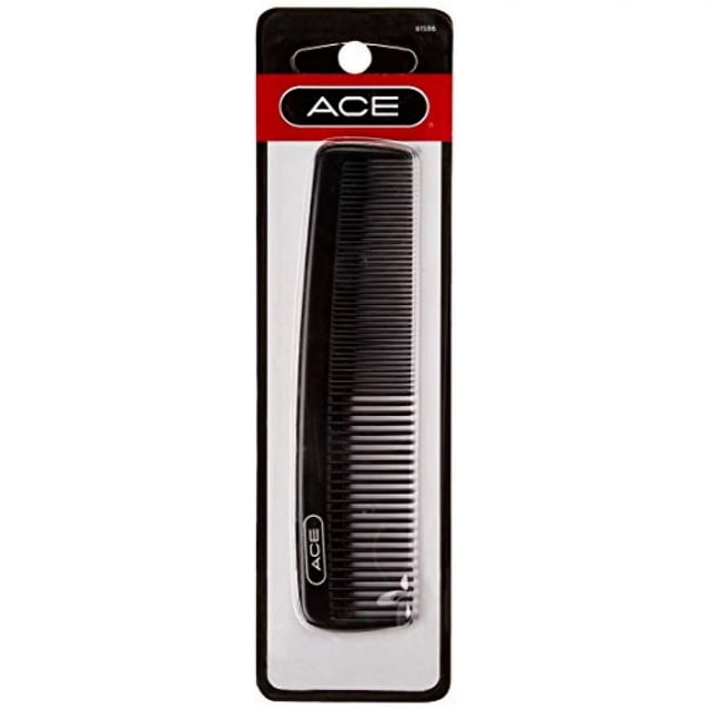 Ace - 5 inch pocket comb hard rubber with fine and coarse teeth in black, packaged in clear plastic with red and black ACE branding, designed for hair styling and grooming on the go, suitable for parting and styling hair.