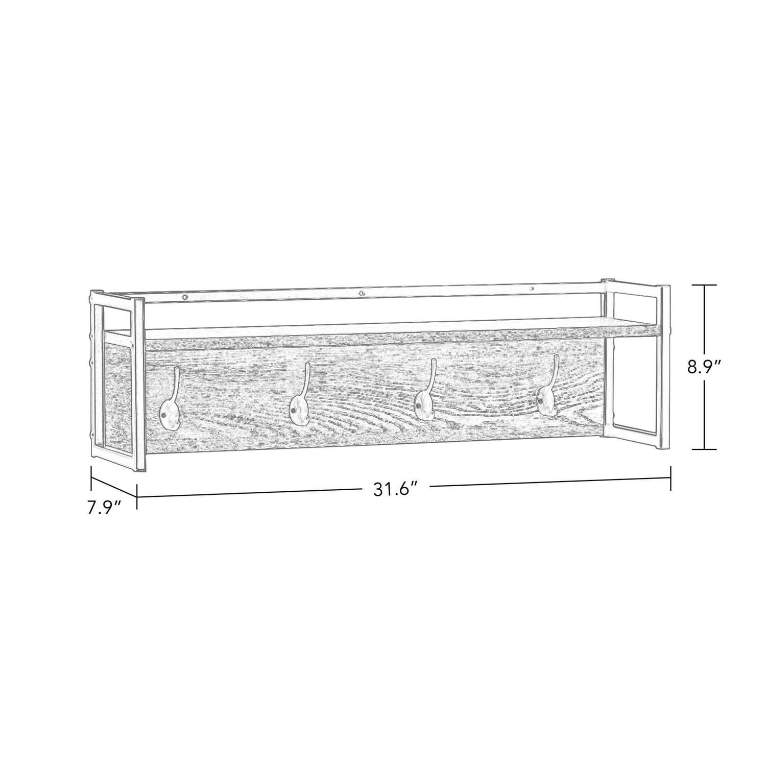 RiverRidge® Home Afton Collection 8.88-inch H x 31.63-inch W x 7.88-inch D Metal Frame Wall Shelf with 4-Hooks in Weathered Wood