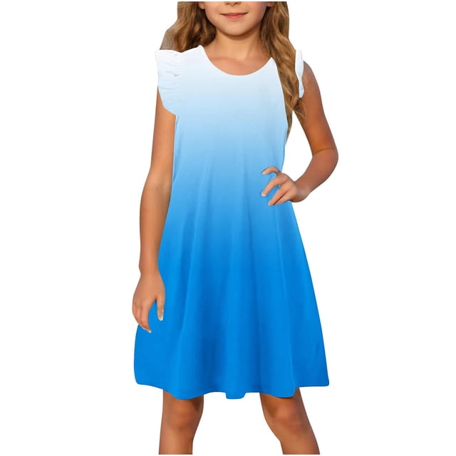Yanlir Robe de Fête pour Tout-Petites Filles 4-14 Ans Enfants Douce et Confortable Manches à Volants Couleur Unie Col Ras du Cou Robe d'Été pour Tenues de Princesse (Bleu#1, 13 Ans)