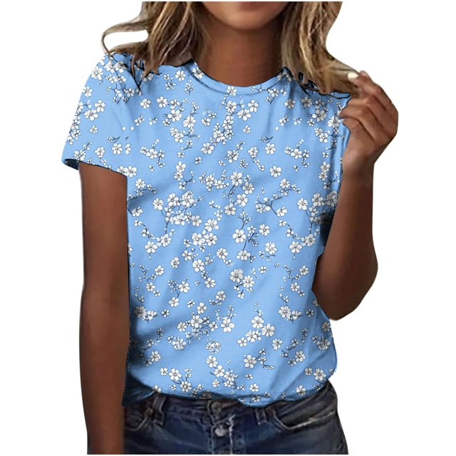 Pisexur Hauts d'Été pour Femmes, Blouses Habillées Décontractées pour Femmes Hauts à la Mode Chandail Décontracté Imprimé Manches Courtes Col Rond, Grandes Tailles pour Femmes Multicolore, 3TG