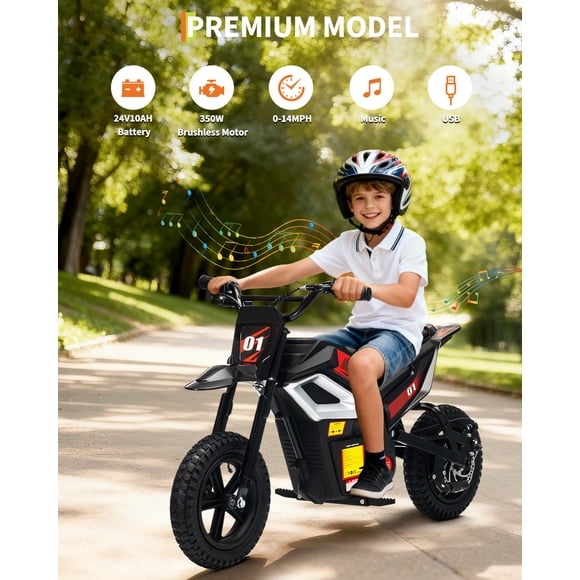 EDTara 24v Kids Electric Dirt Bike, 350w Motorcycle for Kids With 10 Mph Max Speed, 12-Mile Range, Rear Suspension, Twist Grip Throttle, and Non-Slip Rubber Tires
