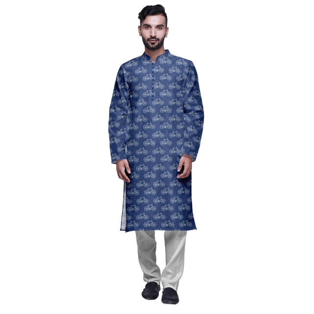 Atasi Printed Long Kurta For Men With White Churidar Pyjama Set Traditional Wear