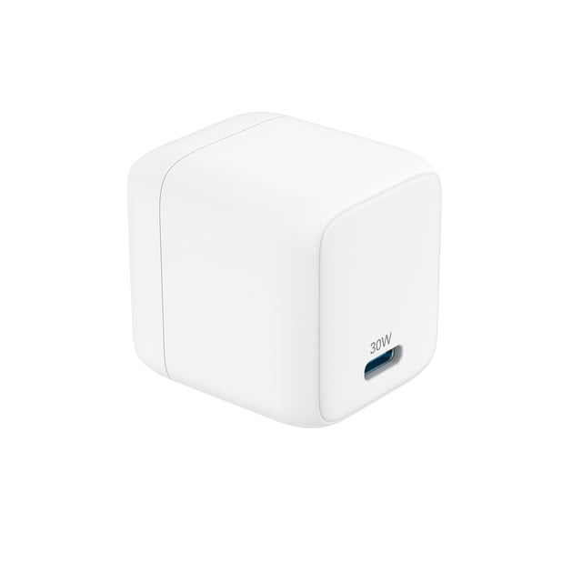 Onn . Charge Rapide USB Certifiée USB-C Compacte Murale Charger avec Power Delivery 30W, un cube Compact Blanc aux Bords Arrondis avec un Seul port USB-C Étiqueté 30W, Conçu pour les Appareils Compatibles Power Delivery à Charge Rapide et Adapté aux Voyages avec Sa Prise Pliable.