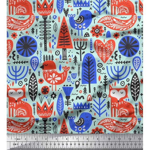 Soimoi Green Silk Fabric Tree & Fox Folk Art Fabric Prints By Yard 44 Inch Wide