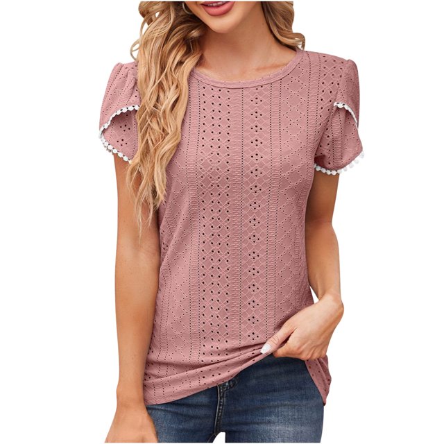 Timegard Hauts d'Été pour Femmes, Oeillets, Col Rond, Blouse à Manches Courtes Pétale, Chic Décontracté, Hauts Amples