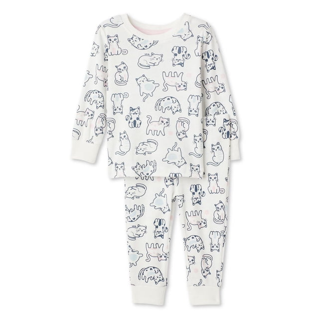 George Ensemble de Pyjama Deux Pièces pour Bébé Fille avec un Haut à Manches Longues à Col Ras du Cou en Tricot Côtelé 100 % Coton Blanc et un Pantalon jogger Assorti avec Imprimé de Chat Bleu Marine et Rose Pâle Partout. les joggers Ont une Taille Élastiquée et des Poignets Ajustés pour le Confort et un Ajustement Sécuritaire, Convient aux Vêtements de Nuit pour Bébé Fille.