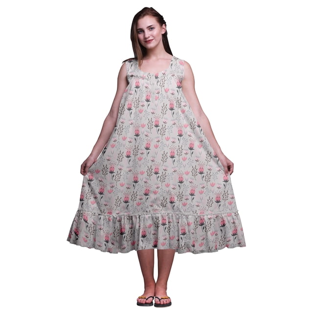 Bimba Chemises de Nuit en Coton Gris Pâle à Imprimé Tribal Feuilles pour Femmes, Robe Sans Manches, Tenue de Nuit, Robe Maxi, Très Grand
