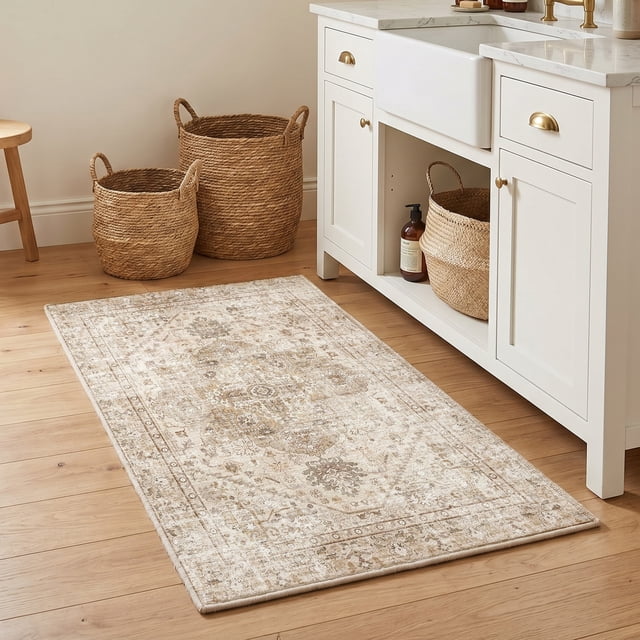 Exenoray Washable Bohemian Rug, Non-Slip Low Pile Printed Carpet, Faux Cashmere Surface, Coffee Brown 4*6