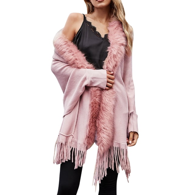 GDREDA Womens Solid Color Collar Cloak Knitted Capes Shawl Tassel Open Front Cardigans Sweater Coat Workout Clothes