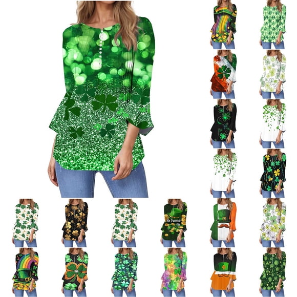QATAINLAV St Patricks Day Shirts for Women Green Shamrock 3/4 Sleeve Irish Shirt Casual Button Henley Neck Pleated Tunic Tops Sale of The Day Green XL
