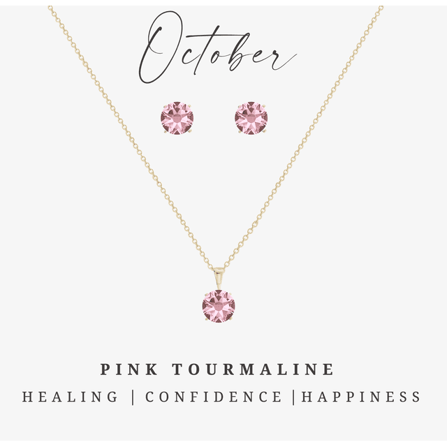 Goldtone October Pink Tourmaline Birthstone CZ Earring & Necklace Set
