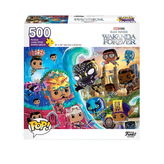 Funko Games POP! PUZZLE – MARVEL BLACK PANTHER: WAKANDA FOREVER 500-piece jigsaw puzzle measuring 18 by 24 inches (45.7 cm by 61 cm) featuring original illustrated Funko Pop! style characters from the Marvel Black Panther: Wakanda Forever movie, suitable for family puzzling and collectors.