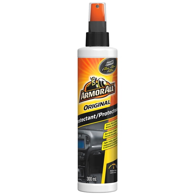 Armor All Original Protectant 300 mL pump bottle with orange spray top for automotive maintenance. Cleans, shines, and protects vinyl, plastic, and rubber surfaces inside and outside vehicles with UV protection to prevent fading and cracking.