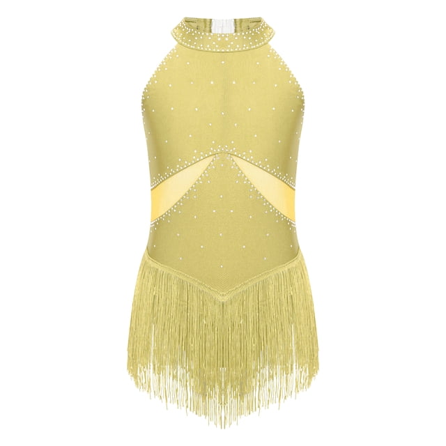 Yeahdor Robe de Danse Latine Sans Manches à Paillettes pour Filles, Robe Justaucorps de Jazz, Rumba Samba Salsa Cha Cha, Tenue de Danse de Salon Jaune 10