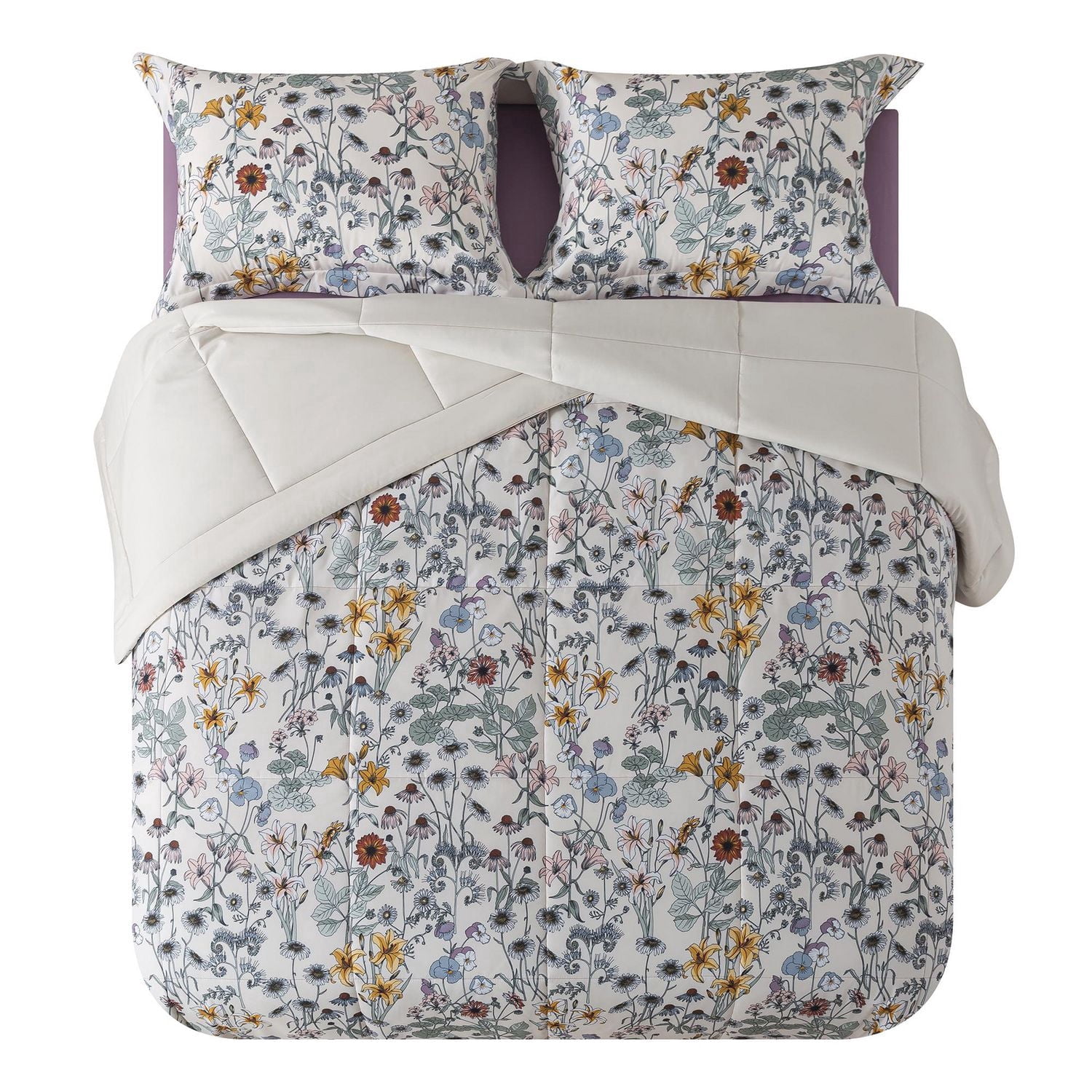 Mainstays All in One Reversible Comforter and Sheet Set, 7-Piece, Full, White Multi Floral