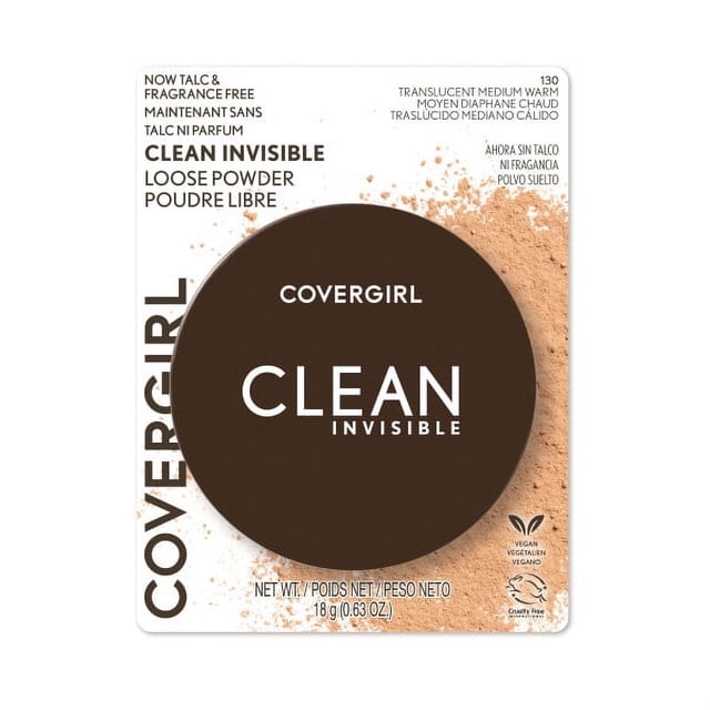 COVERGIRL Clean Invisible Loose Powder in translucent medium warm 130 shade, talc and fragrance free, vegan and cruelty-free, 18 g (0.63 oz) compact with powder texture on white background.